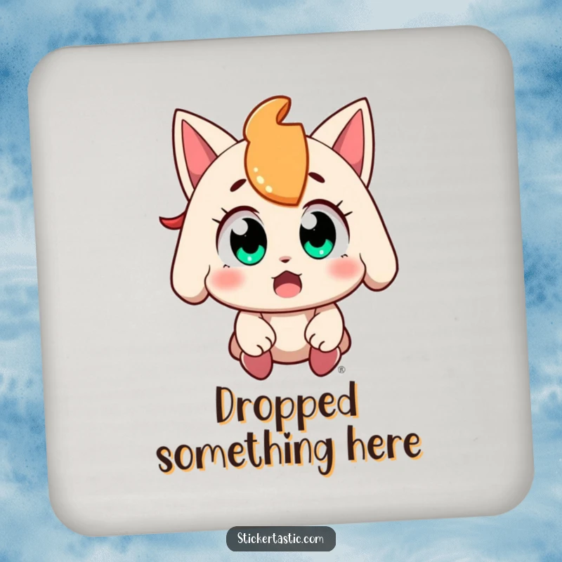 Funny character with wide, amazed eyes catching a falling sticker on a drink coaster, bringing collector's charm and protecting surfaces, a cute gift.