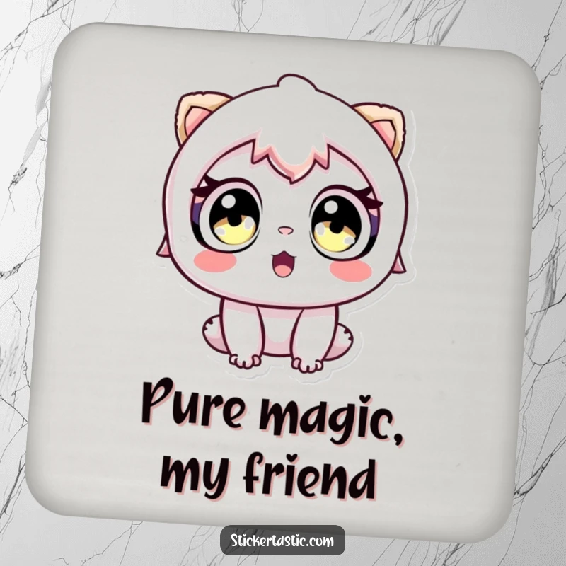 Funny drink coaster featuring a character with wide eyes looking in awe at a sticker, adding charm.