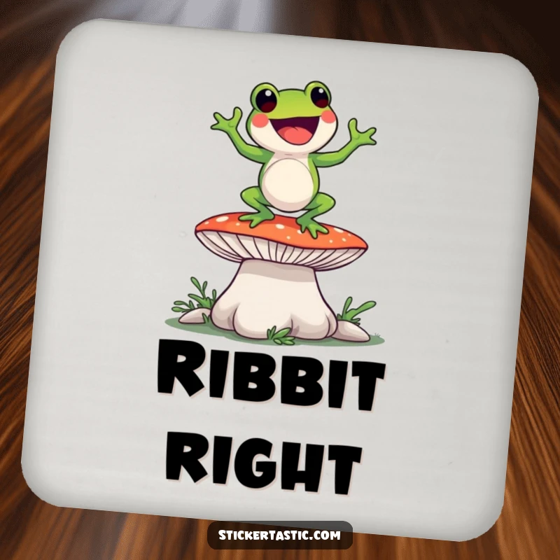 Funny frog dancing on a giant mushroom, designed as a humorous drink coaster for surface protection.