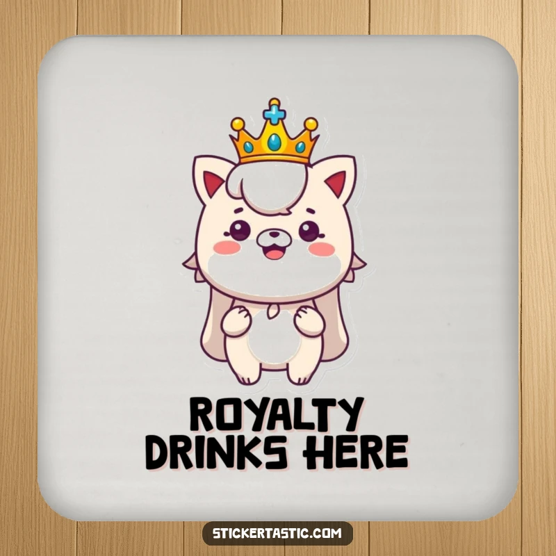 Funny royal drink coasters featuring a character with a tiny crown proudly displaying a shiny new sticker, offering regal and humorous surface protection.