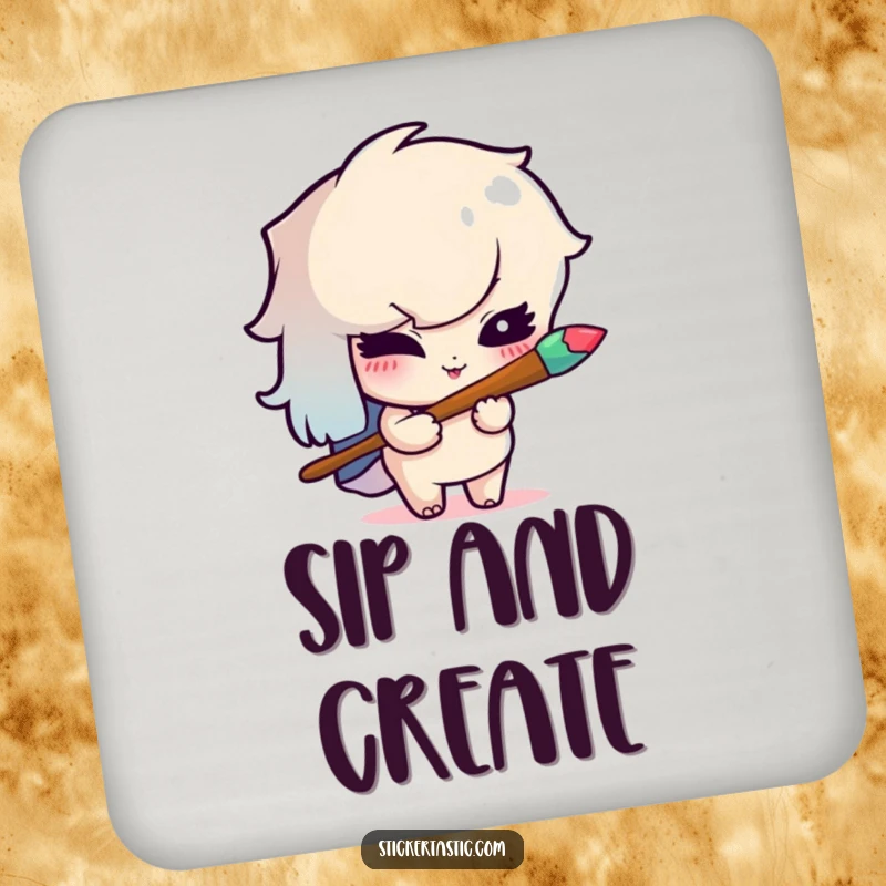 Funny drink coasters depicting a mischievous cartoon character winking while holding a rainbow paintbrush, offering protection and art.