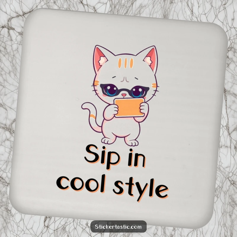 Funny cat coaster with a cool cat striking a pose next to a sticker. Protects surfaces with feline flair and humor.
