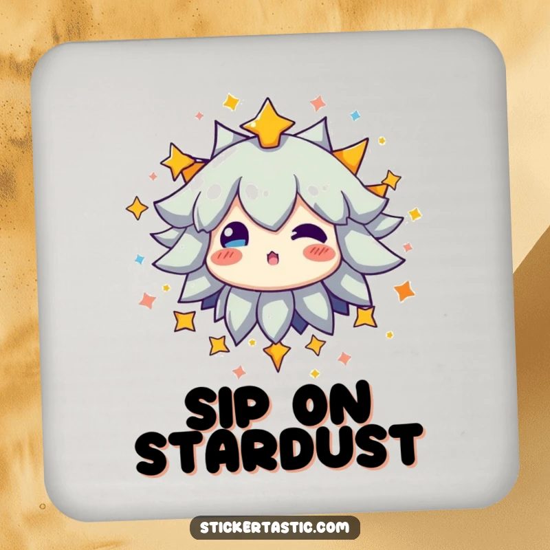 Funny drink coaster with a character surrounded by a vibrant explosion of bright, colorful stars, radiating positive energy.