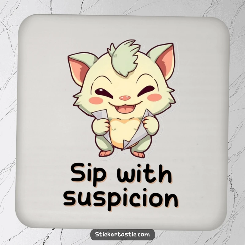 Funny creature with a mischievous grin peeling a sticker on a drink coaster, bringing playful charm to any surface.