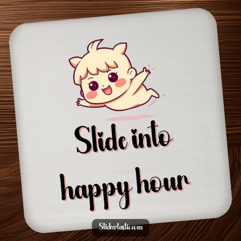 Funny drink coaster with a character sliding across a surface with a joyful, determined expression, embodying purposeful motion.