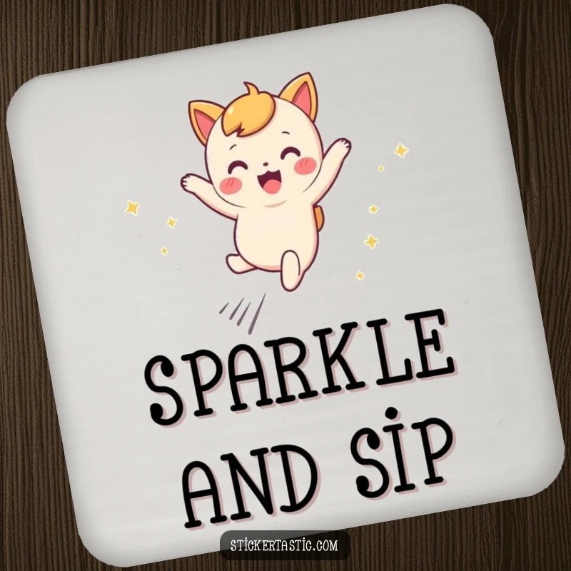 Funny leaping character coaster featuring a cute character joyfully leaping, leaving behind whimsical sparkly trails.
