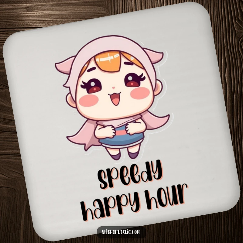 Funny Coaster: Character making a sticker go super fast, radiating energy and protection. Great funny gift.