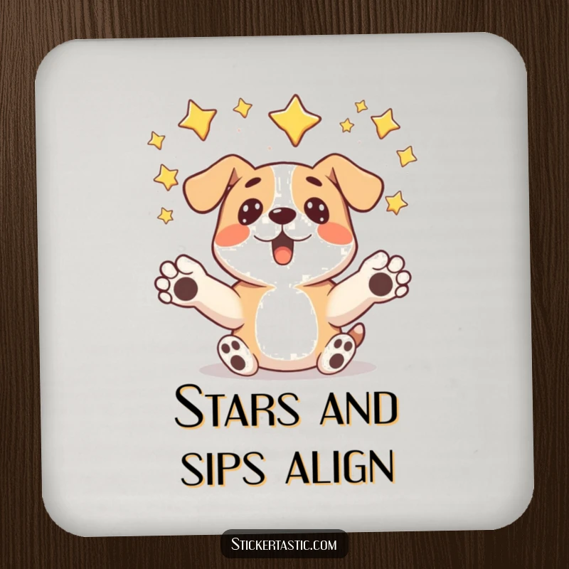Funny surprised dog coaster showing a dog humorously catching falling stars, adding magical charm to drink service.