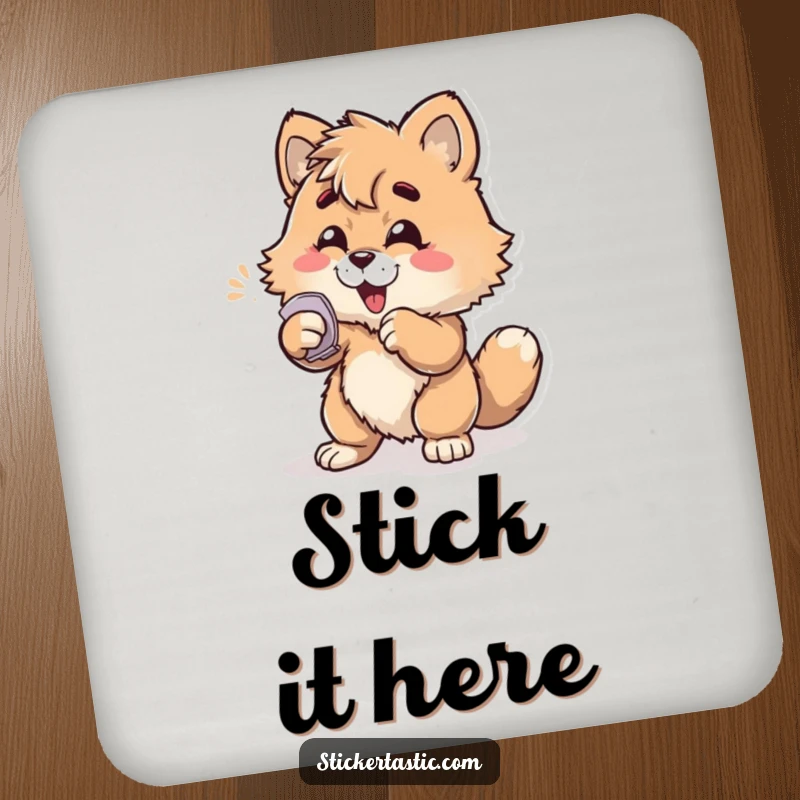 Funny furry character enthusiastically slapping a sticker onto a surface on a protective drink coaster, adding humor to tabletops.