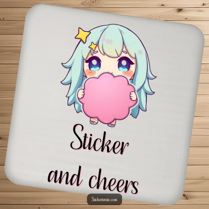 Funny starry-eyed character coaster featuring a character holding a large, colorful sticker, adding whimsical decor.