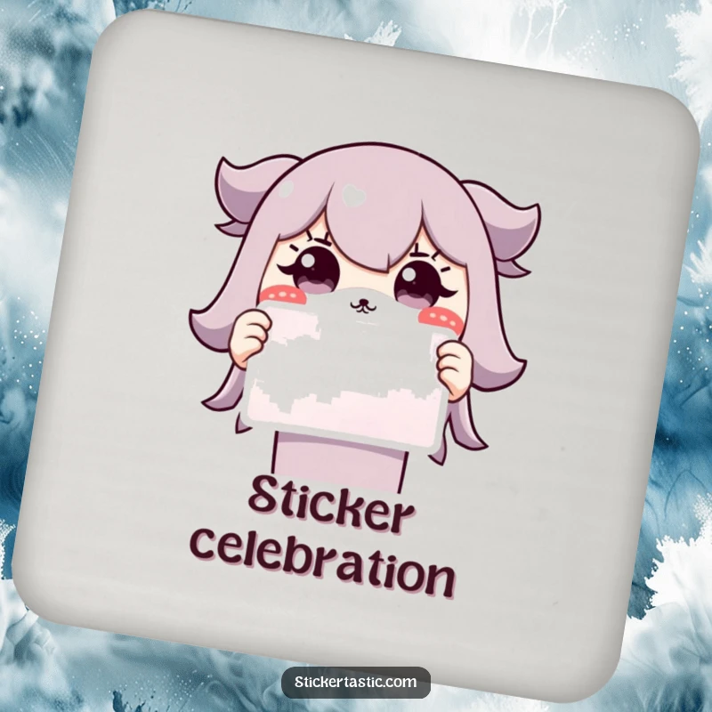 Funny Grinning Character Coaster: A cute character with a surprised grin holds a sticker, adding funny charm to surfaces.