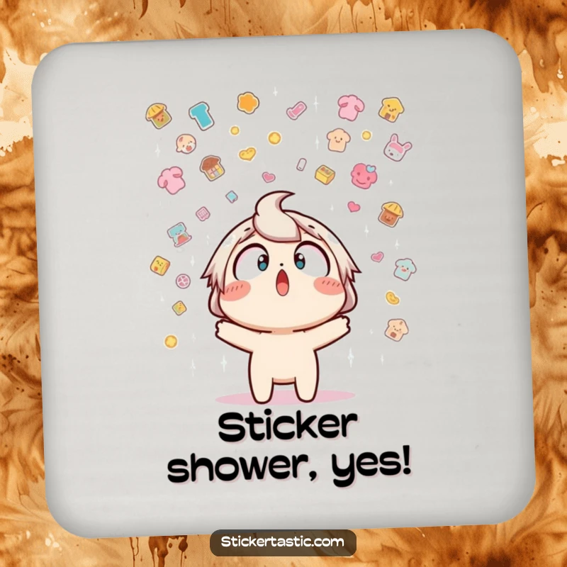 Funny coaster featuring a character looking up at a shower of stickers, adding a touch of playful surprise to drink service.