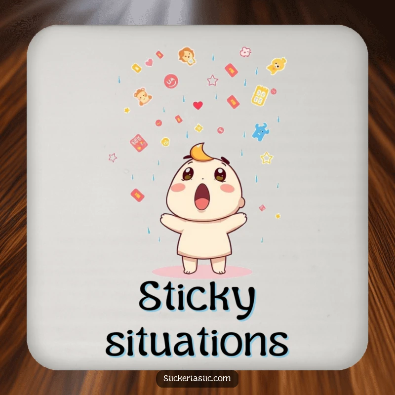 Funny coaster featuring a surprised character under a sticker shower, adding whimsical surprise flair to any table.