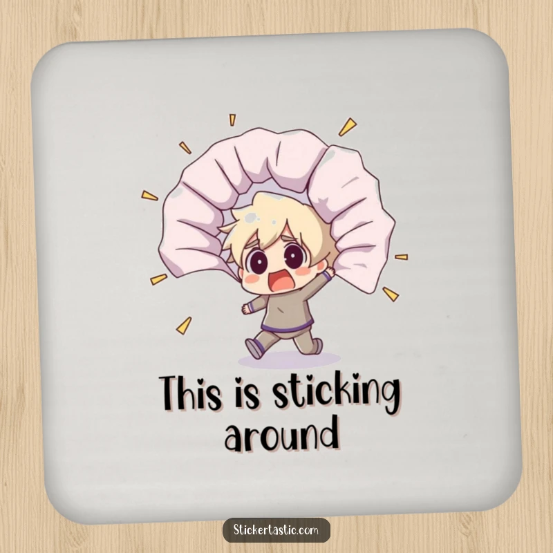 Funny coaster featuring a shocked character stumbling backward from a giant, unfurling sticker, adding a humorous touch.