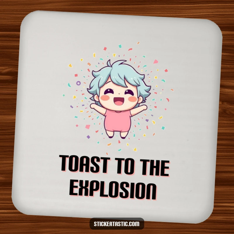 Funny drink coaster featuring a happy character bursting from confetti, adding humorous celebration to your table.