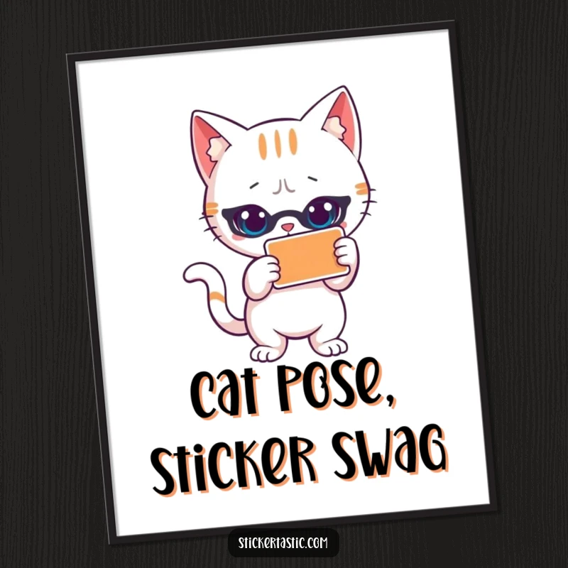 Funny cat poster art of a cool cat striking a pose next to a sticker. Stylish, humorous, and eye-catching wall decor.