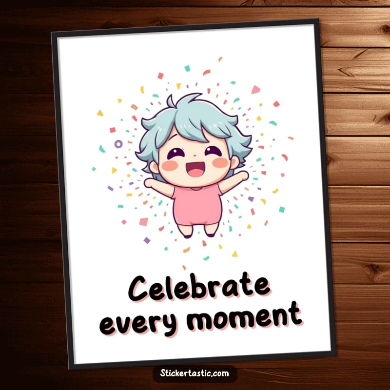 Funny poster capturing a happy character emerging triumphantly from a colorful, dynamic confetti explosion. Humorous wall art.