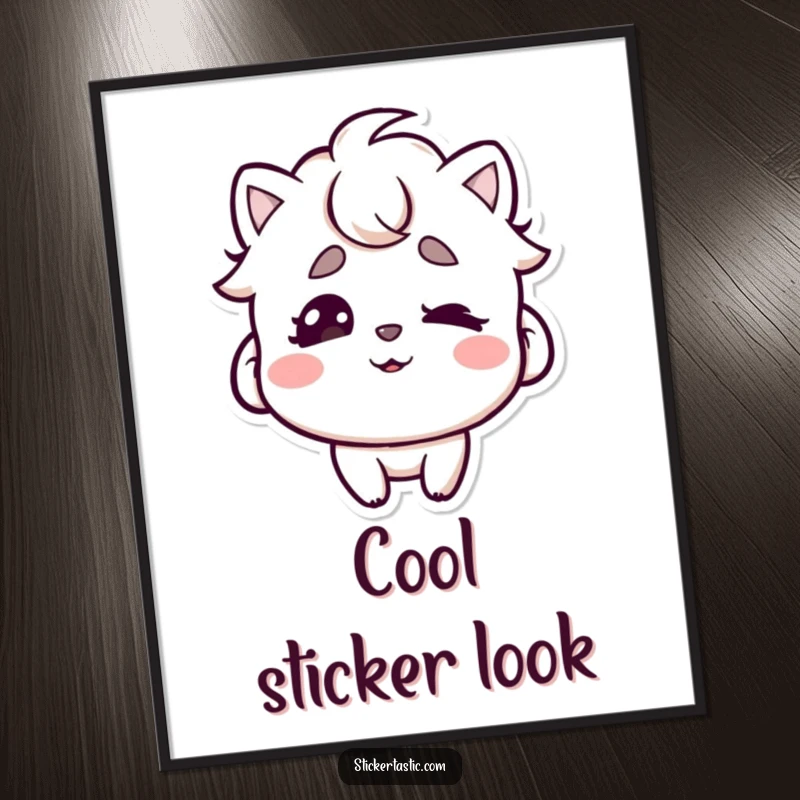 Funny poster art of a character with a playful mouth wiggling eyebrows under a cool sticker, capturing a sense of fun and coolness.