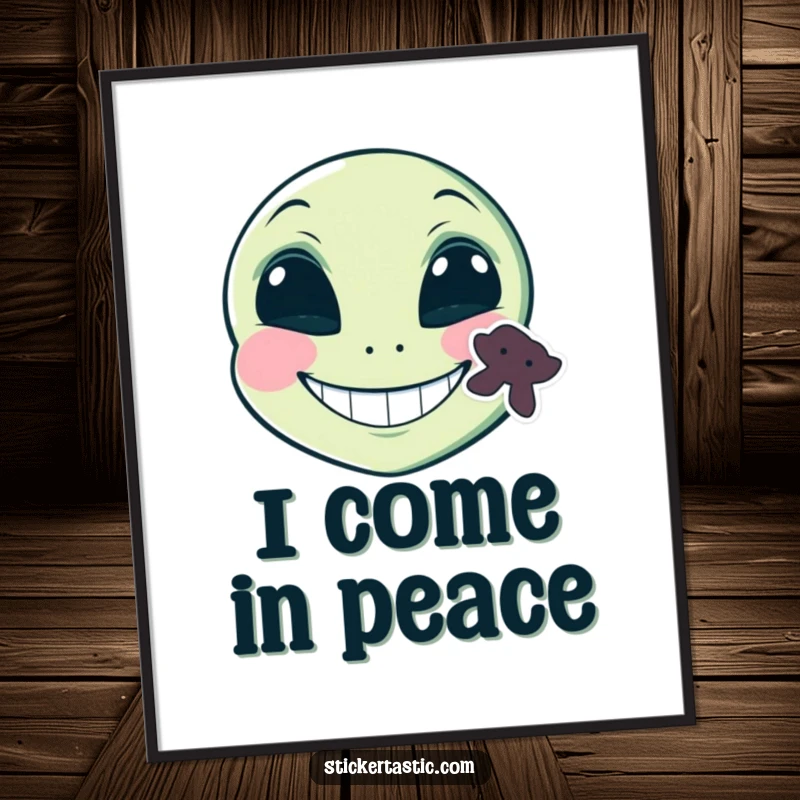 Funny grinning alien face with a sticker on its cheek poster, a mischievous alien with a wide grin and a sticker, bringing funny cosmic vibes.