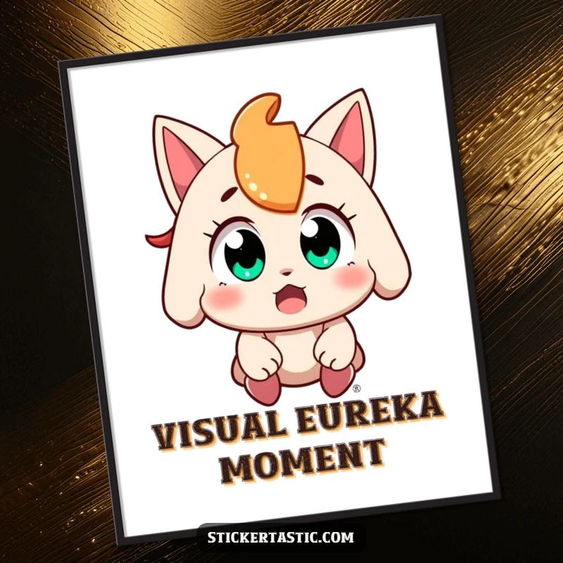 Funny character with wide, amazed eyes catching a falling sticker on a poster, radiating collecting joy, a great decor gift.