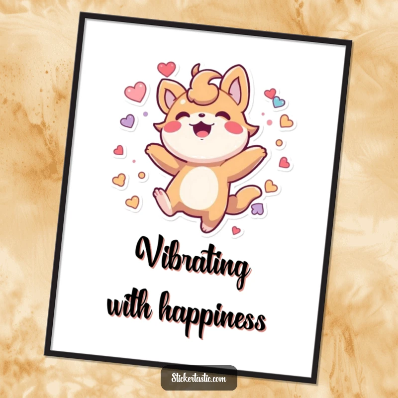 Funny Poster: Stylized creature in mid-bounce, joyfully immersed in a delightful collection of colorful stickers.