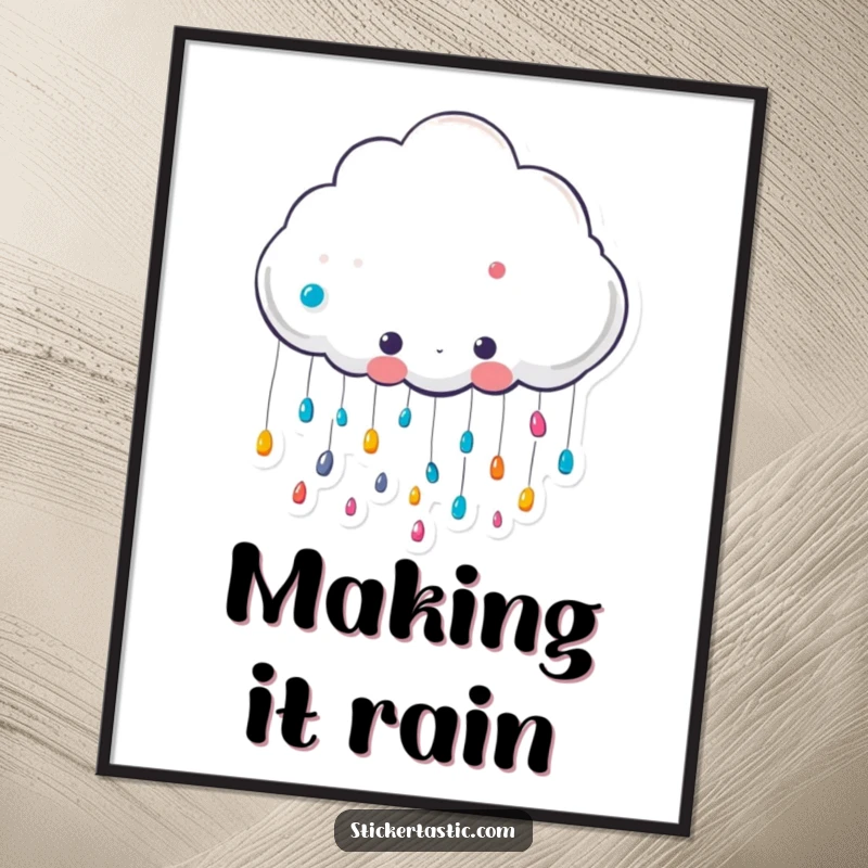 Funny cute cloud character raining colorful stickers poster, a happy cloud showering stickers, perfect for whimsical, funny wall decor.