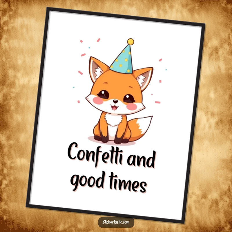 Funny poster print of a delighted fox in a party hat with confetti falling, capturing pure celebratory joy and adding a festive touch.