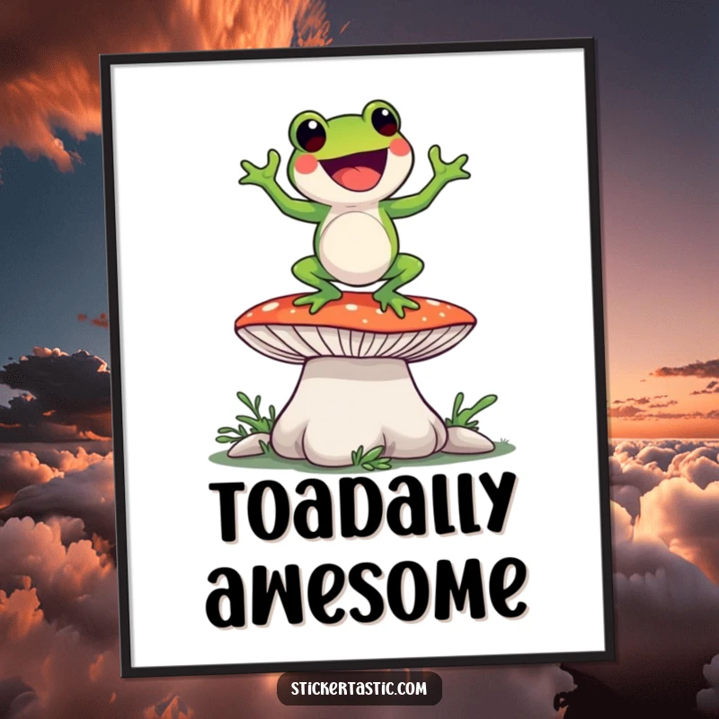 Funny frog character dancing hilariously on a giant mushroom, designed as a vibrant and humorous wall art print.