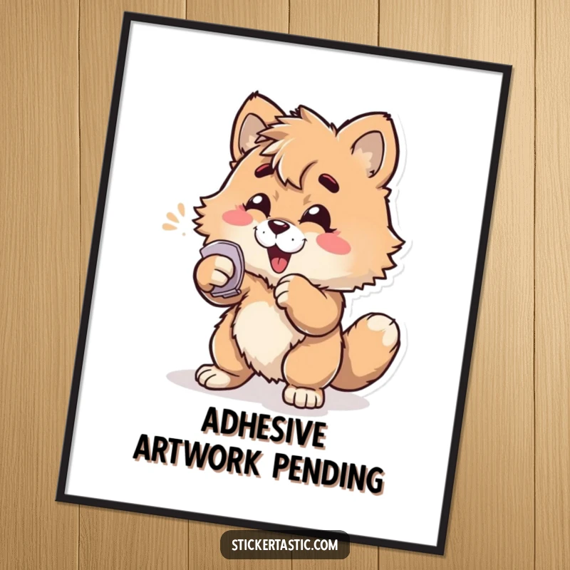 Funny furry character enthusiastically slapping a sticker onto a surface, displayed as vibrant wall art poster, celebrating sticker culture.