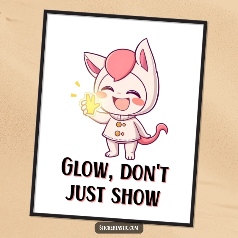 Funny poster art of a mischievous character giggling while presenting a glowing sticker, adding whimsical charm.