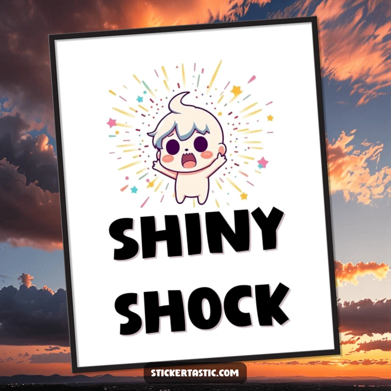 Funny poster art of a wide-eyed, surprised cartoon character recoiling from a vibrant and sudden glitter bomb explosion.