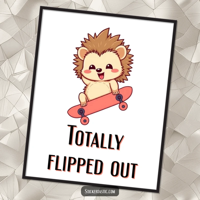 Funny Hedgehog Poster: A humorous illustration of a happy hedgehog riding a skateboard upside down, perfect for adding edgy fun to walls.