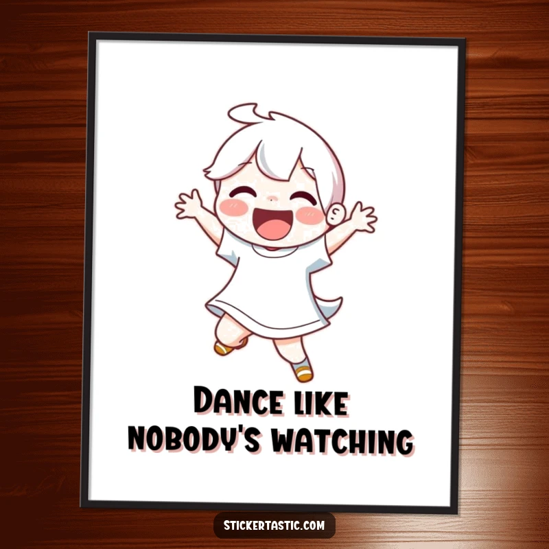 Funny poster capturing a joyful character performing an electrifying and energetic dance move. Humorous wall art.