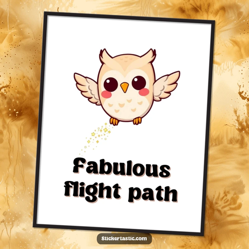 Funny Joyful Owl Poster: A beautiful illustration of a joyful owl in flight, leaving a trail of glitter, adding magical charm to walls.