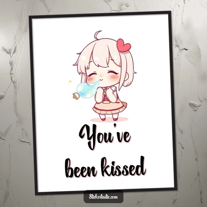 Funny Poster displaying a character blowing a kiss towards a shimmering sticker, perfect for romantic and humorous wall art.