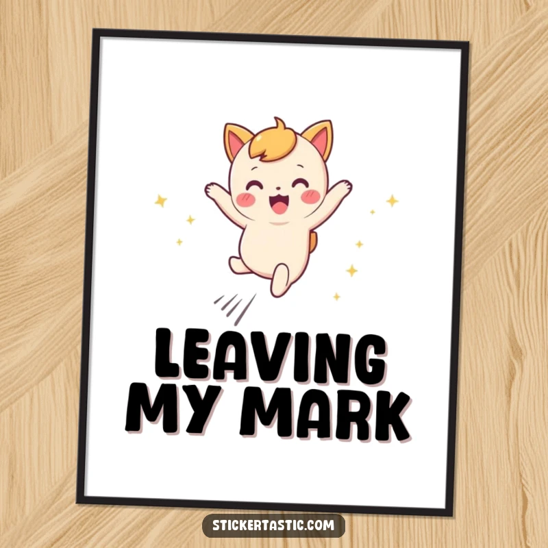 Funny leaping character poster of a cute character joyfully leaping, with a beautiful, shimmering trail of sparkles.