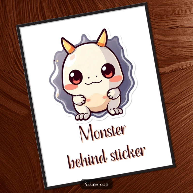 Funny monster poster art of a cute, shy monster peeking curiously from behind a massive, shiny sticker. Vibrant and humorous wall decor.