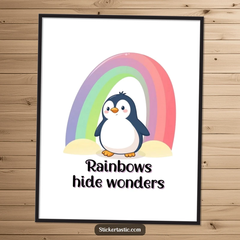 Funny Penguin Poster: A whimsical illustration of a curious penguin peeking from behind a giant rainbow, perfect for adding enchantment to walls.