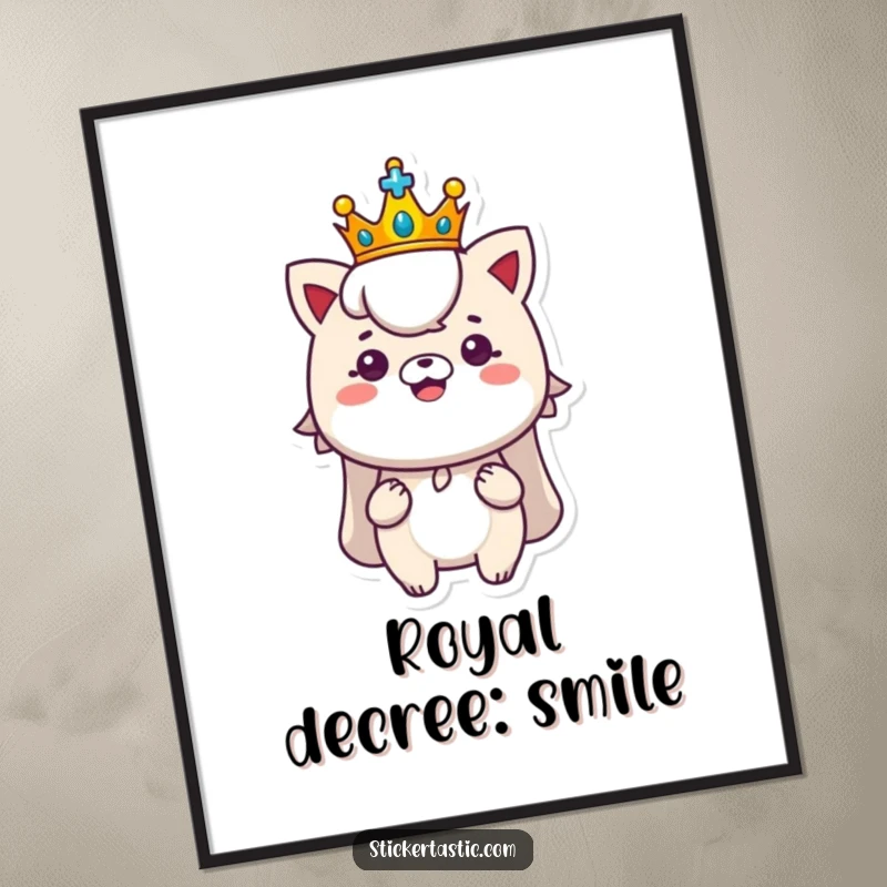 Funny royal sticker poster showing a character with a tiny crown proudly displaying a shiny new sticker, artful and humorous.