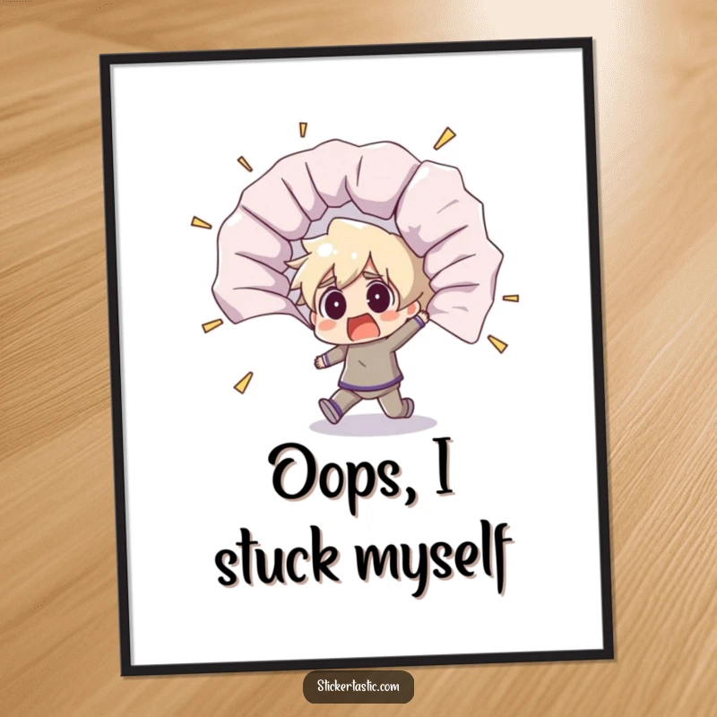 Funny poster showcasing a shocked character recoiling from a massive, unfurling sticker, capturing a moment of comical, startled disbelief.