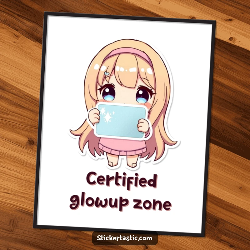 Funny Poster: Whimsical character proudly presents a dazzling, sparkling sticker, adding joy to wall decor.