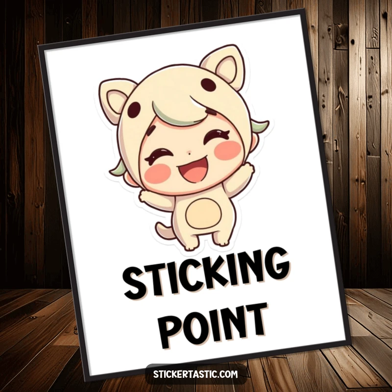 Funny poster of a cheerful character grinning while sticking a large, bold sticker, adding whimsical decor.