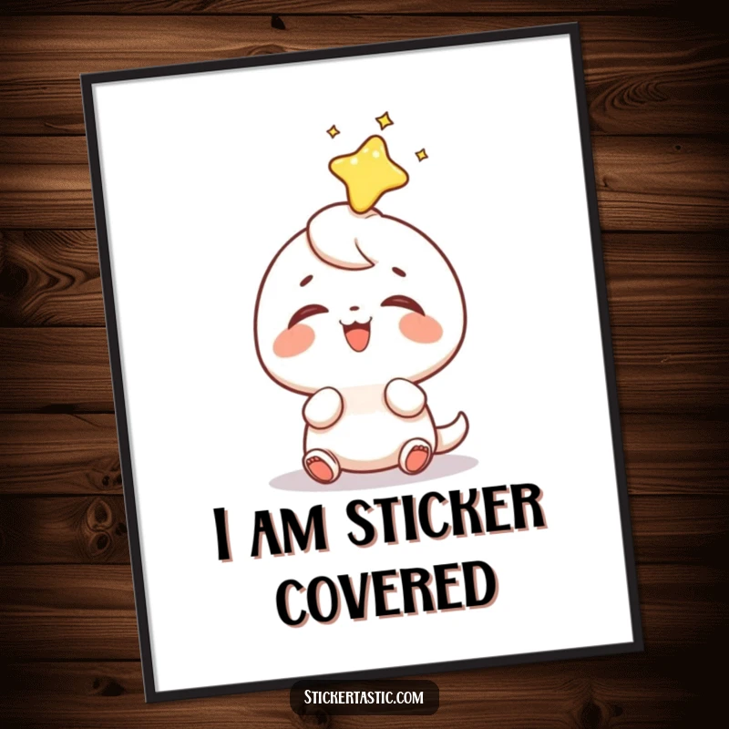 Funny sticker head poster depicting a small, ecstatic character thrilled by the placement of a shiny sticker on its head, a delightful art piece.