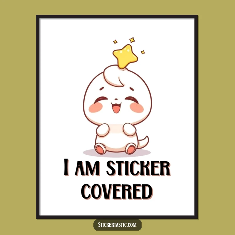 Funny Sticker Head Poster: Adorable Character's Delightful Sticker Moment, Vibrant Funny Gift Decor