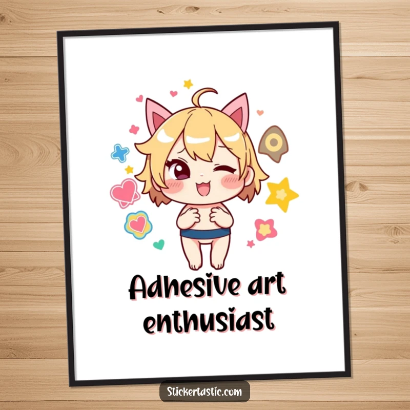 Funny Poster: Mischievous character winks while juggling colorful stickers, a vibrant and humorous piece of art.