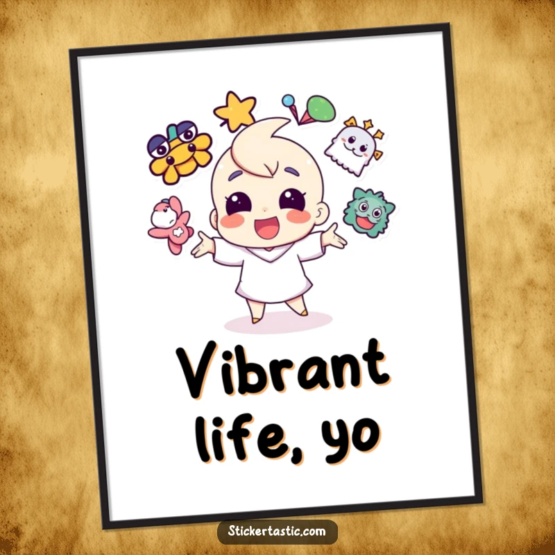 Funny cheerful character juggling vibrant stickers on a poster, bringing a sense of dynamic activity and color.