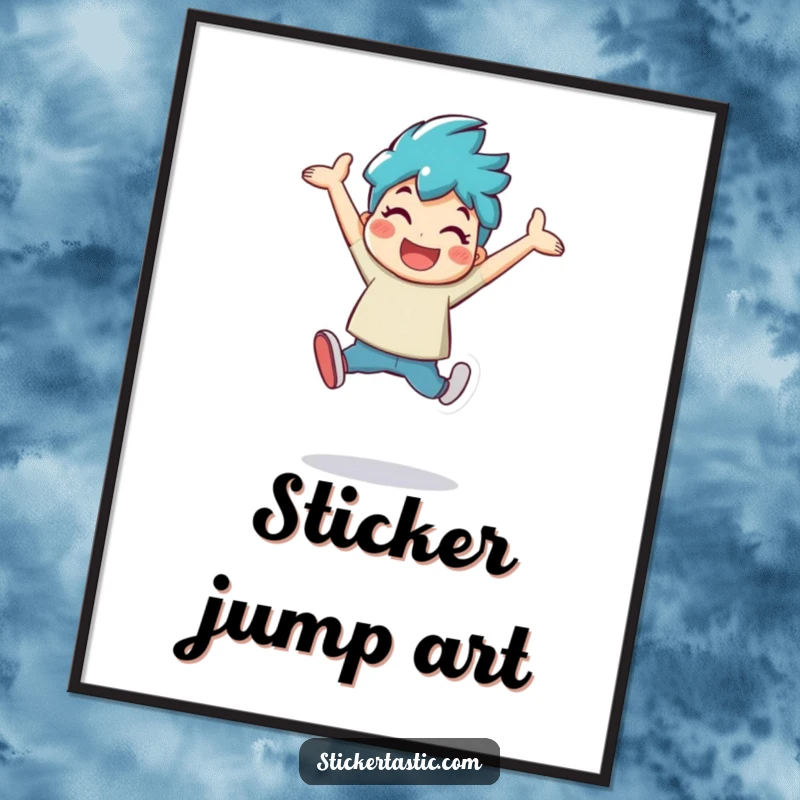 Funny character leaping with a large, shiny sticker, displayed as vibrant wall art poster, capturing pure excitement.