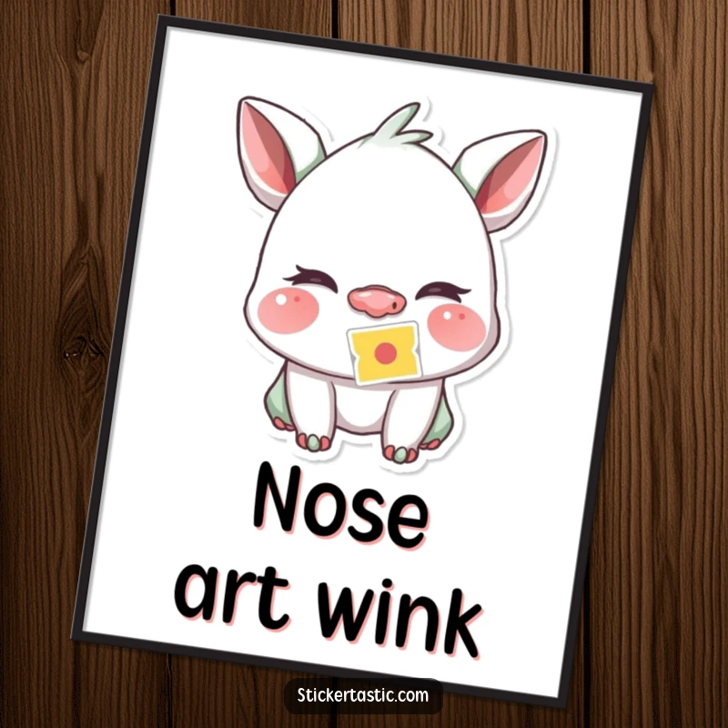 Funny creature winking playfully with a sticker stuck to its nose, displayed as vibrant wall art poster, embodying playful secrets.