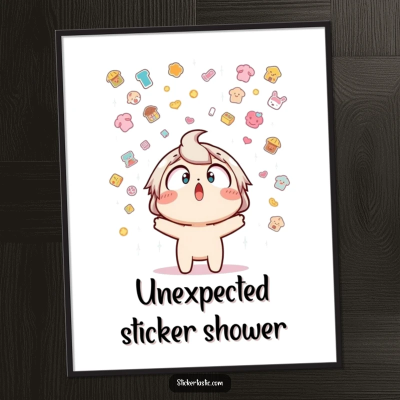Funny poster art depicting a character surprised by a downpour of stickers, evoking a sense of whimsical and delightful chaos.