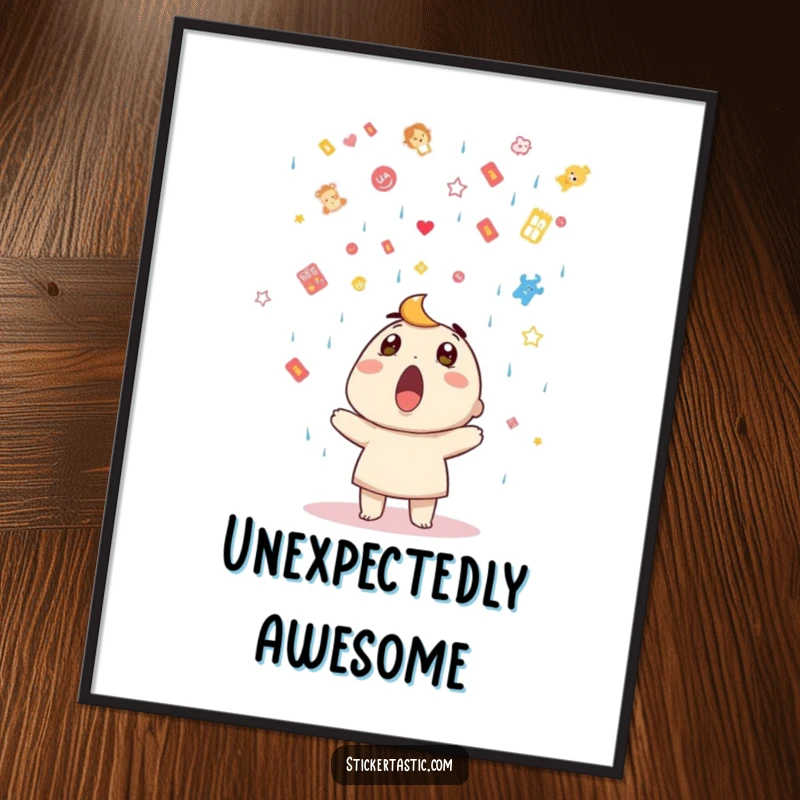 Funny poster art of a surprised character looking upwards as a delightful shower of colorful stickers rains down.